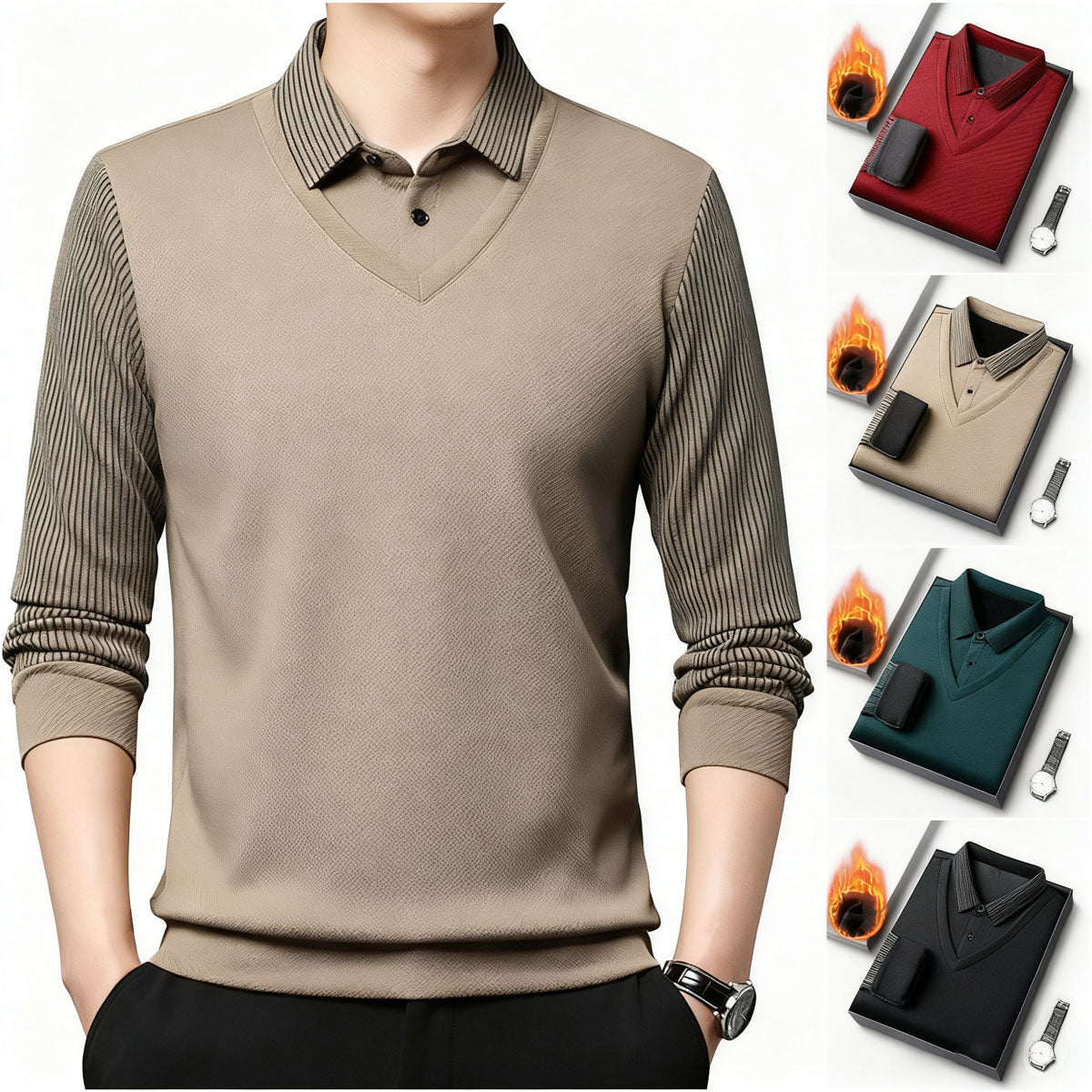 【M-4XL】 Dvodelna POLO majica z lažnimi patchwork črtami