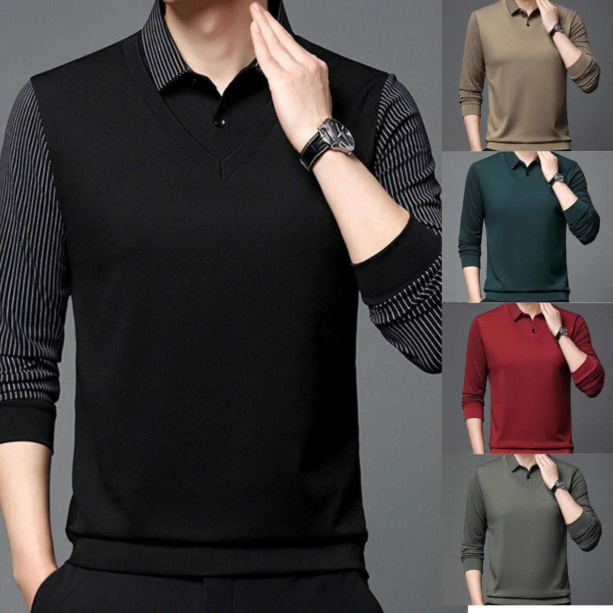 【M-4XL】 Dvodelna POLO majica z lažnimi patchwork črtami